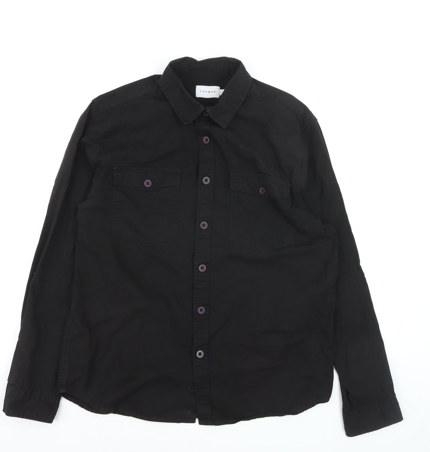 Topman Men's Black Cotton Long Sleeve Regular Fit Button-Up Shirt L