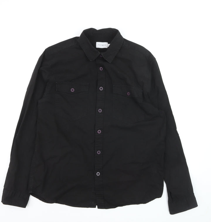 Topman Men's Black Cotton Long Sleeve Regular Fit Button-Up Shirt L