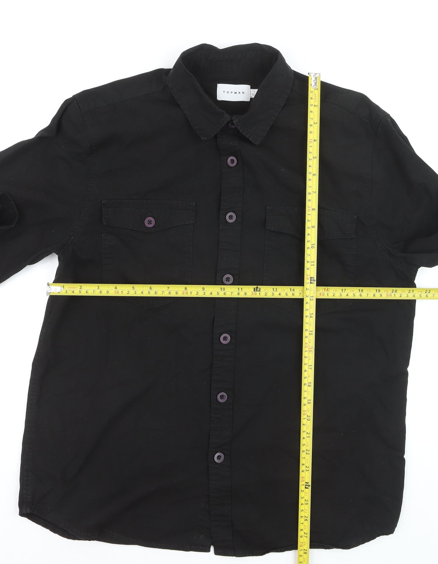 Topman Men's Black Cotton Long Sleeve Regular Fit Button-Up Shirt L