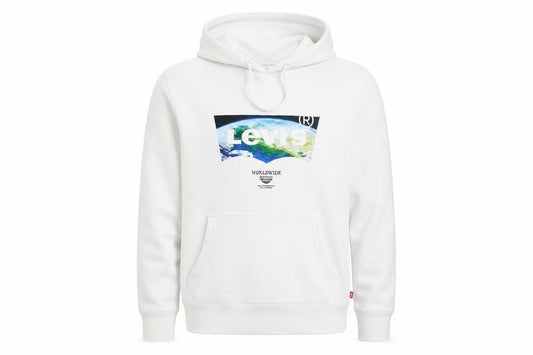 Front view of Levi's Men's White Pullover Hoodie, size M, Graphic Logo Fleece
