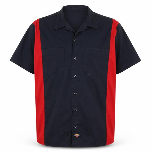 Front view of Dickies Men Black Red Short Sleeve Colourblock Work Shirt M