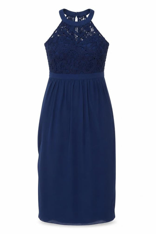 Front view of Lipsy Women’s Blue Lace Halter Knee Length Bodycon Dress UK 10