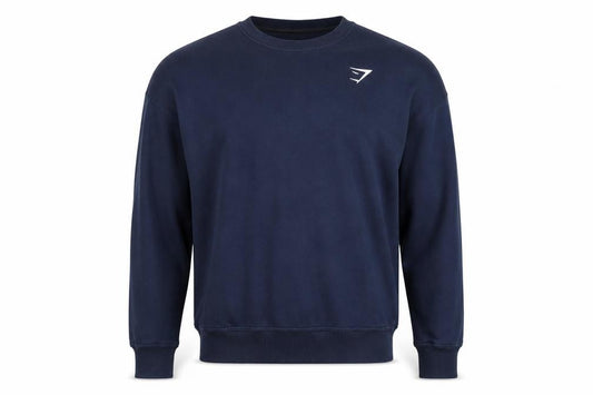 Front view of Gymshark men’s navy blue crew neck pullover sweatshirt s