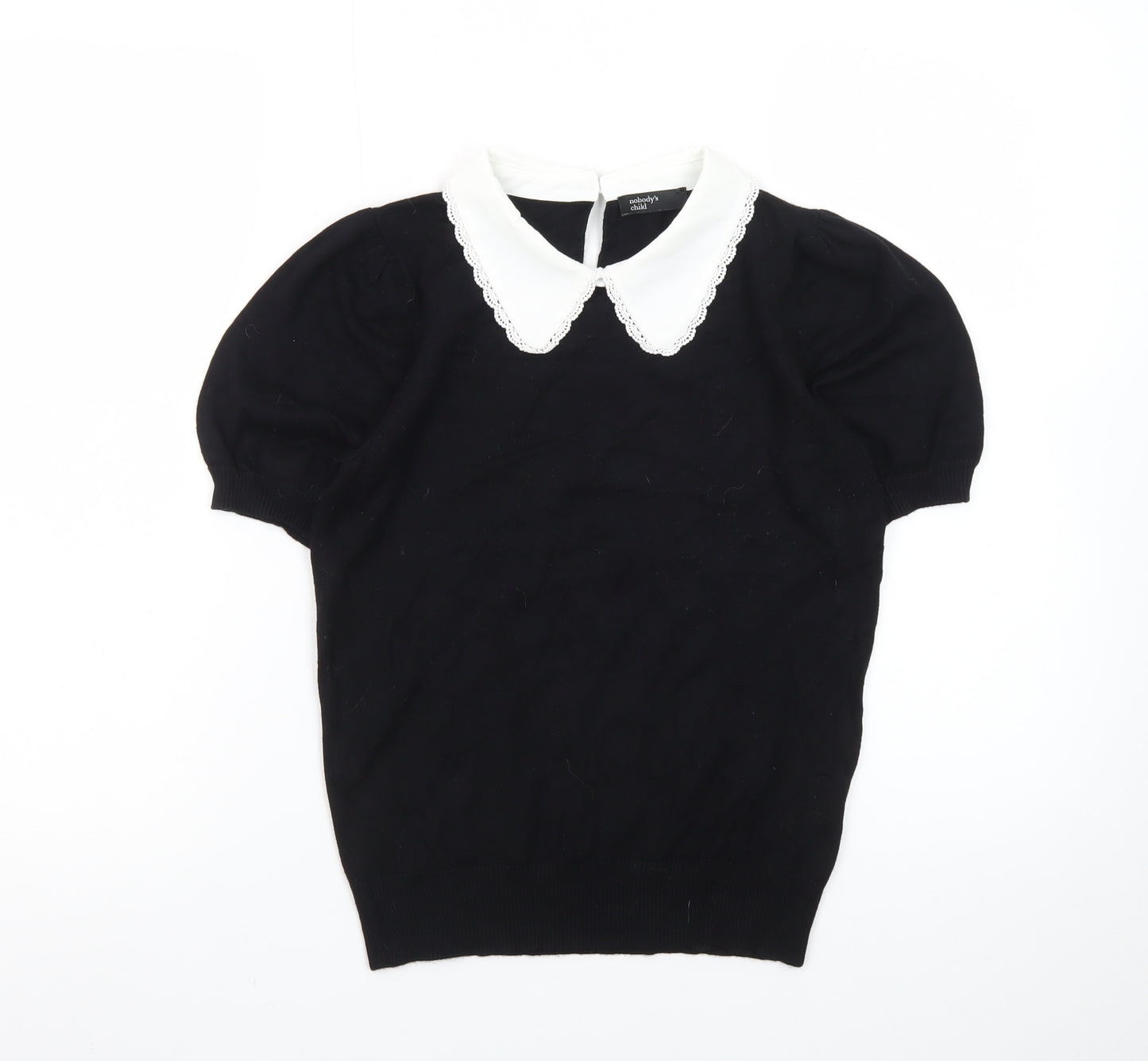 Nobody's Child Women's Black Collared Short Sleeve Knit Blouse Size 10