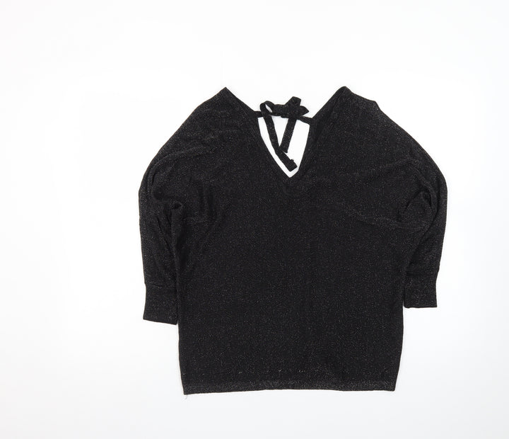 Next Women’s Black Glitter V-Neck Cropped Knit Blouse Size 12