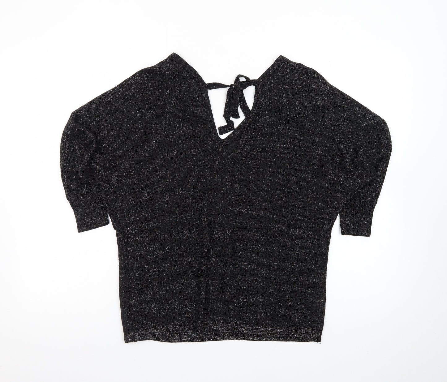 Next Women’s Black Glitter V-Neck Cropped Knit Blouse Size 12