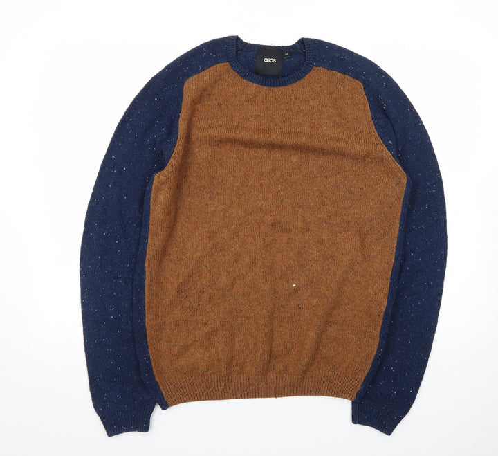 ASOS Men’s Brown and Blue Crew Neck Acrylic Knit Jumper M