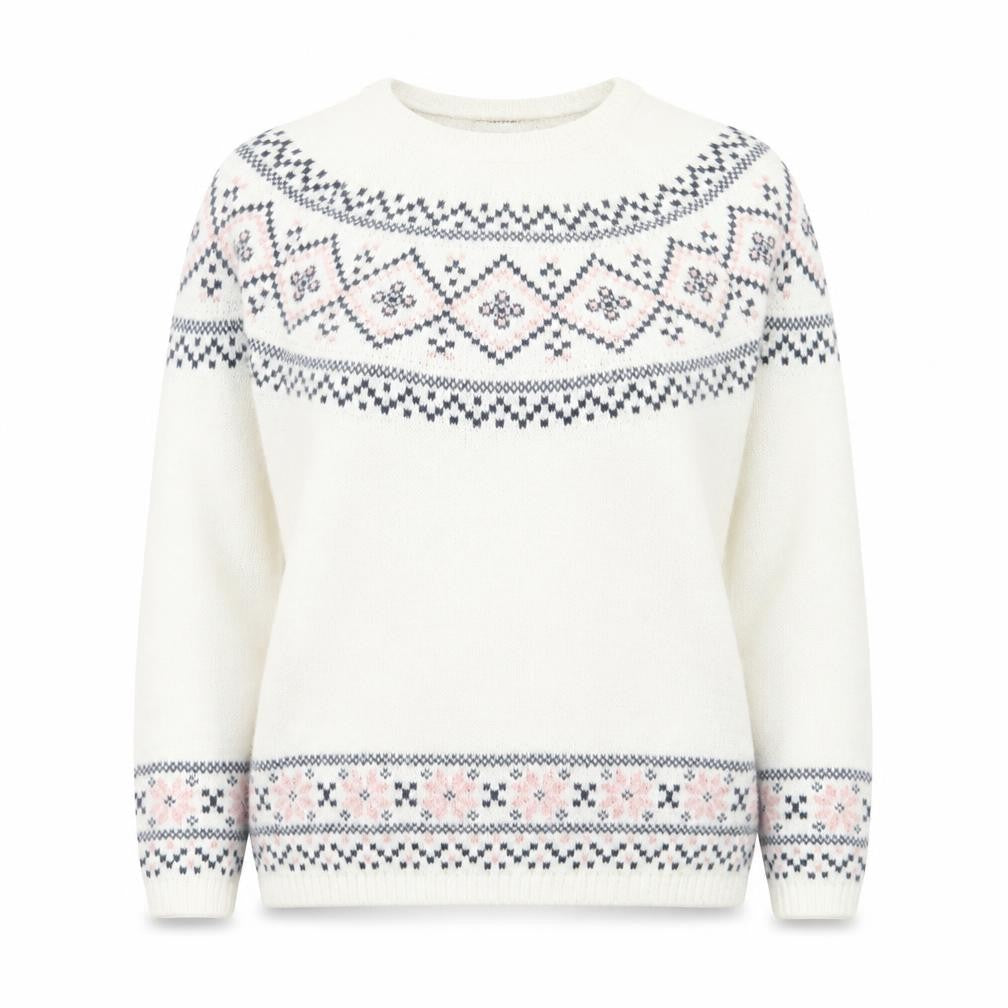 Front view of LCW Casual Women White Fair Isle Knit Jumper L Winter Pullover