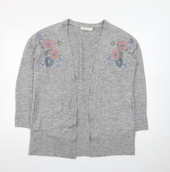 Cortefiel Women Grey Wool Blend Embroidered Cardigan Size 10