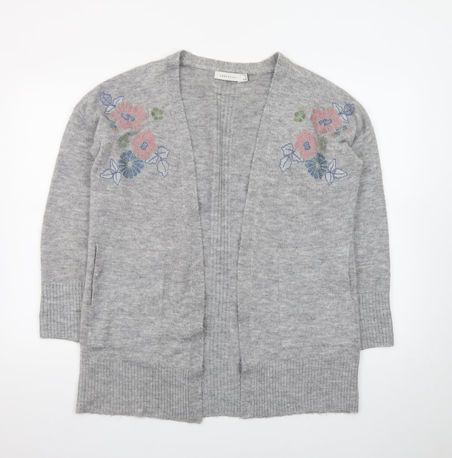 Cortefiel Women Grey Wool Blend Embroidered Cardigan Size 10