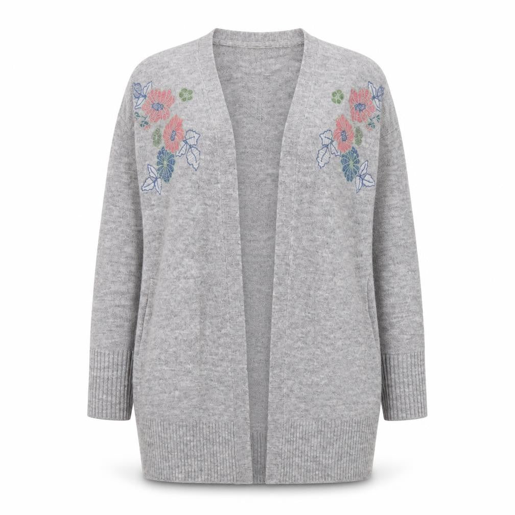 Front view of Cortefiel Women Grey Wool Blend Embroidered Cardigan, size 10