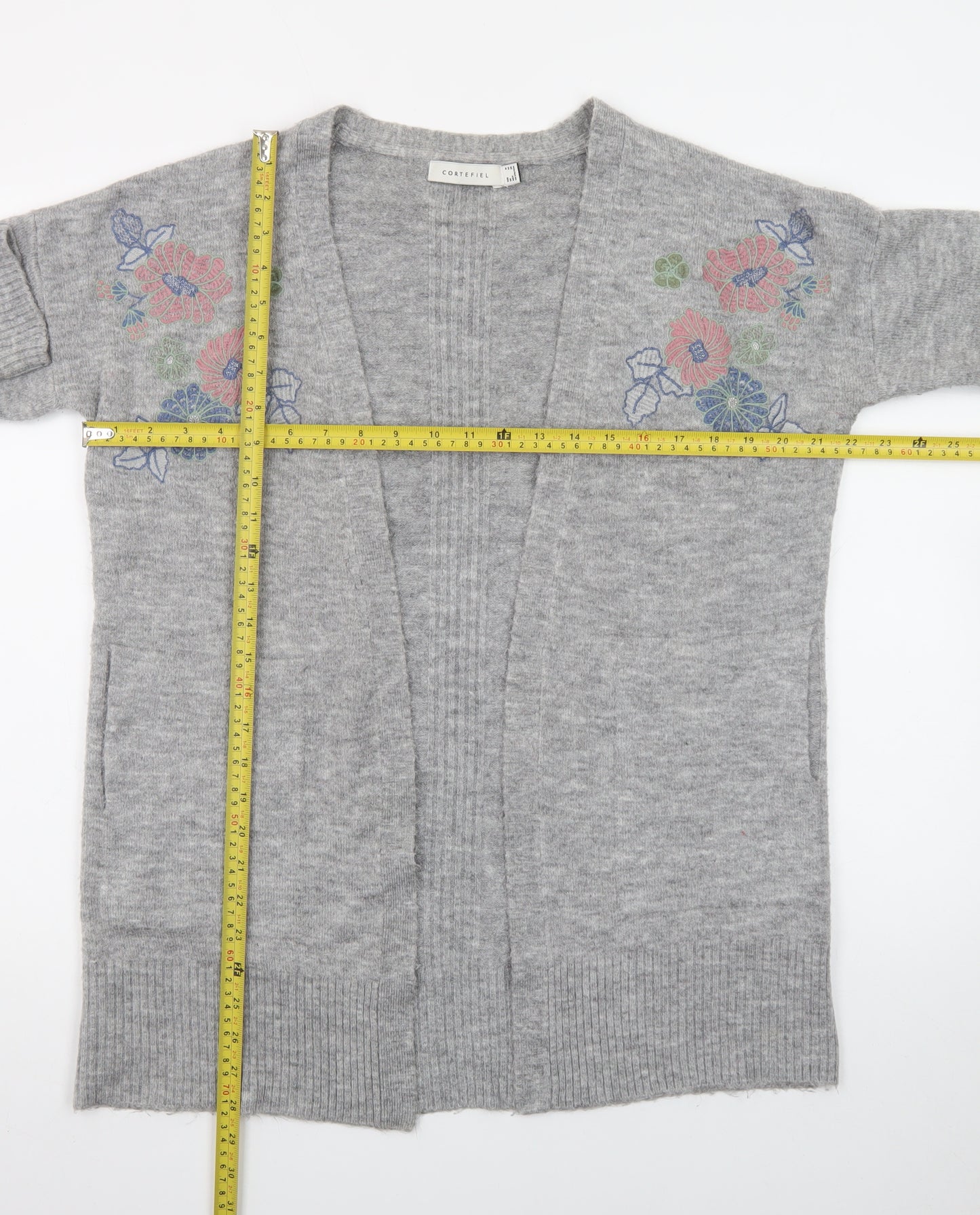 Cortefiel Women Grey Wool Blend Embroidered Cardigan Size 10