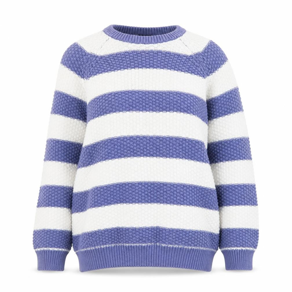 Front view of Cotton Traders Women Blue White Stripe Chunky Knit Jumper M