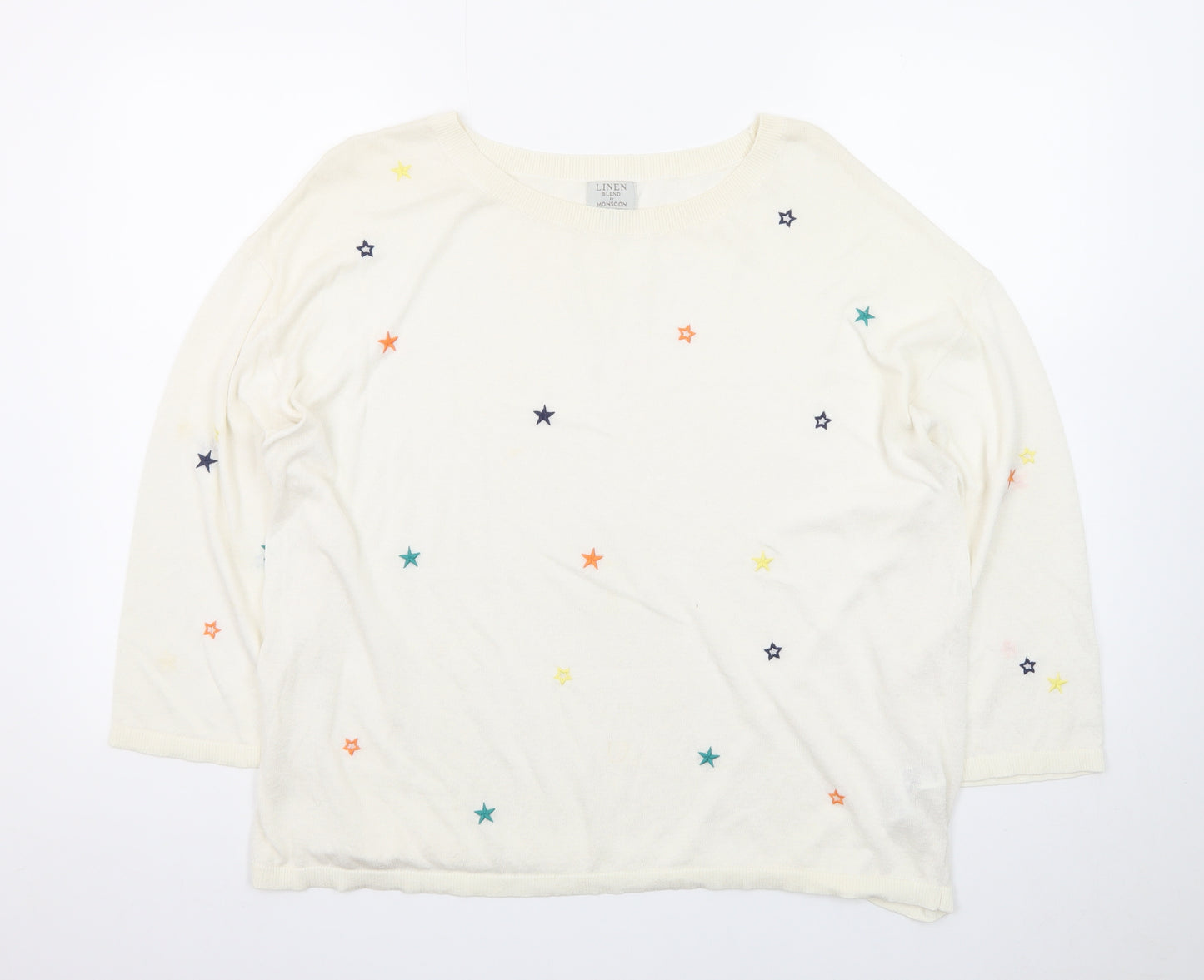 Monsoon Women Cream Linen Blend Star Embroidered Jumper L