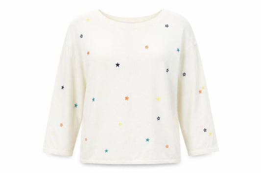 Front view of Monsoon Women Cream Linen Blend Star Embroidered Jumper L
