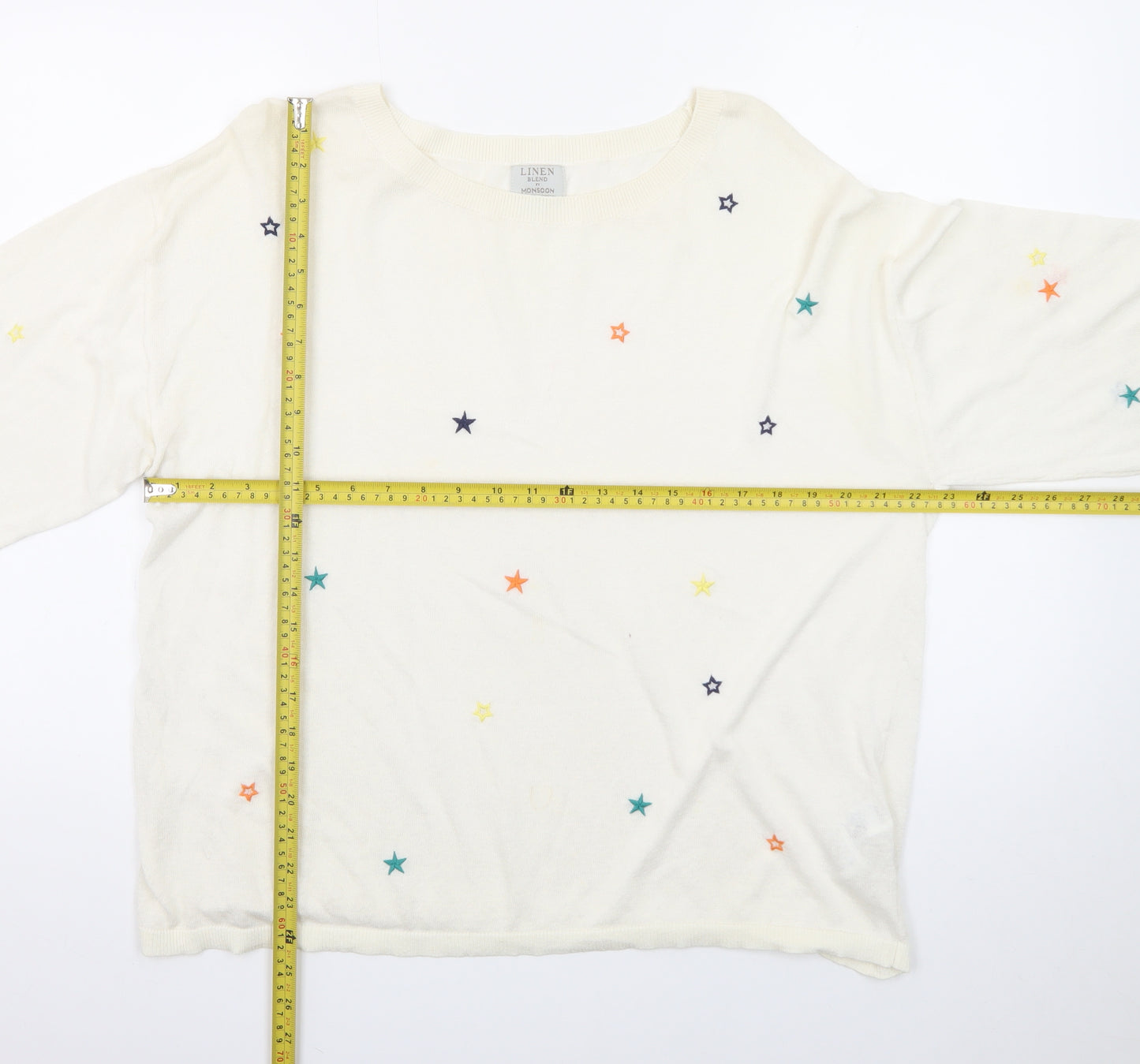 Monsoon Women Cream Linen Blend Star Embroidered Jumper L