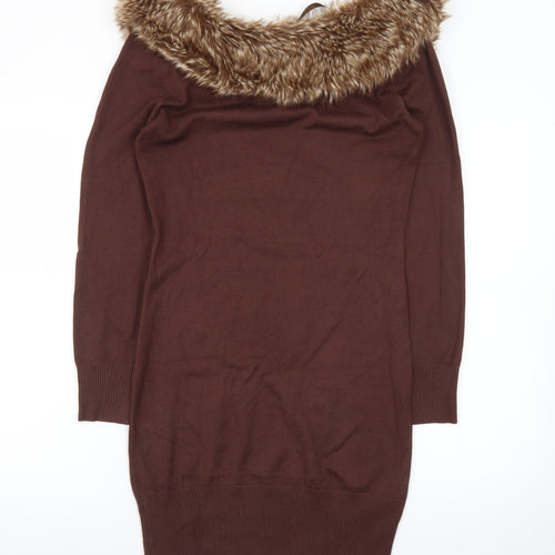 Melrose Women Brown Size 12 Fur Trim Knit Bodycon Dress