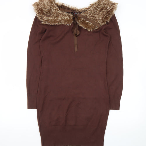 Melrose Women Brown Size 12 Fur Trim Knit Bodycon Dress