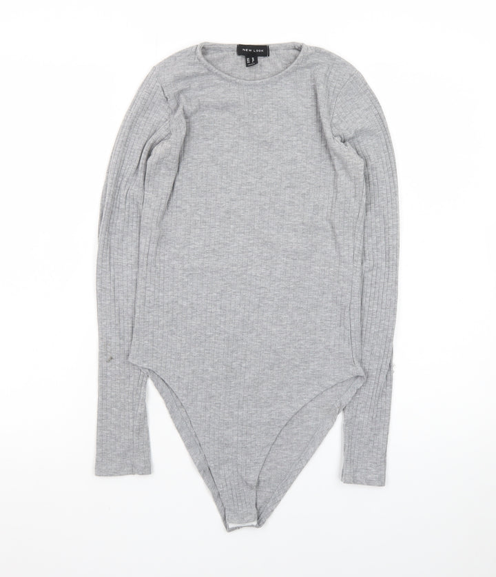 New Look Women's Grey Long Sleeve Ribbed Bodysuit Size 10