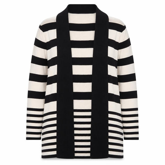 Front view of M&Co Women’s Beige Black Striped Open Long Cardigan, size UK 18