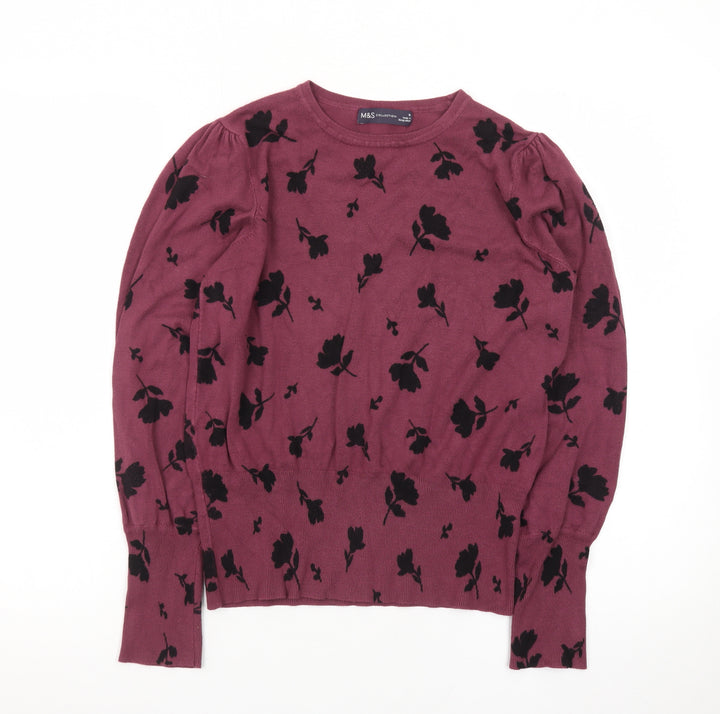 Marks and Spencer Women's Purple Floral Knit Jumper Size 10
