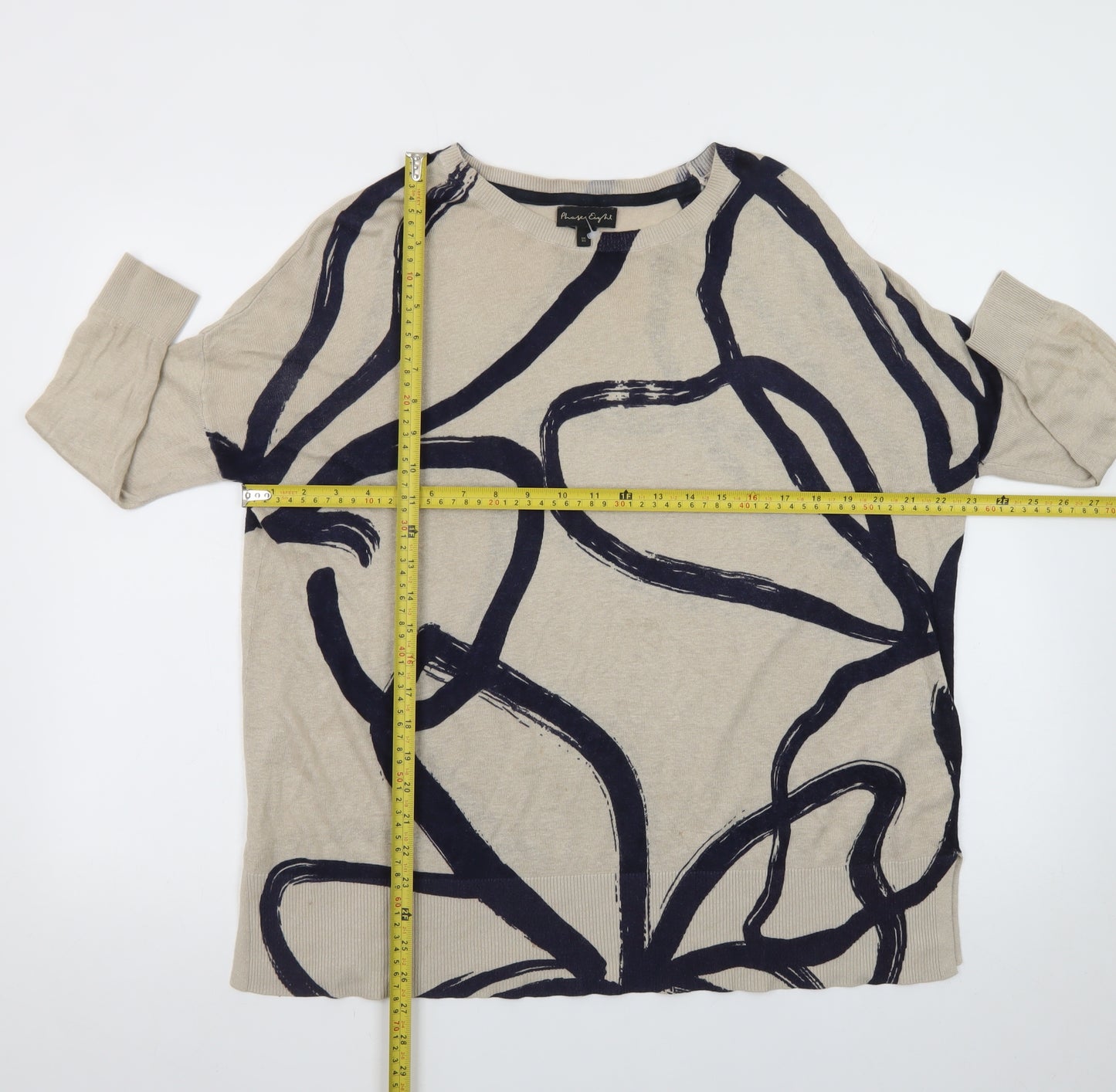 Phase Eight Women Beige Navy Abstract Linen Blend Pullover XS Jumper