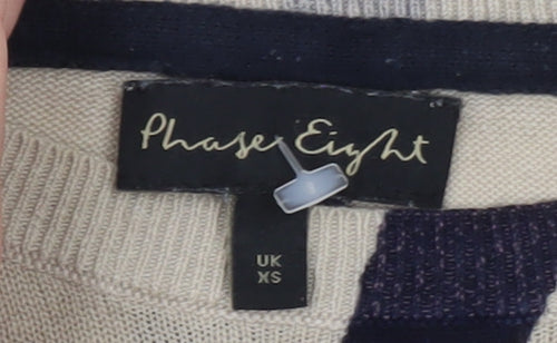 Phase Eight Women Beige Navy Abstract Linen Blend Pullover XS Jumper