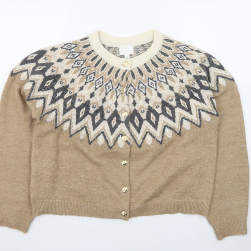 H&M Women Beige Geometric Knit Cardigan L Winter Wool Blend