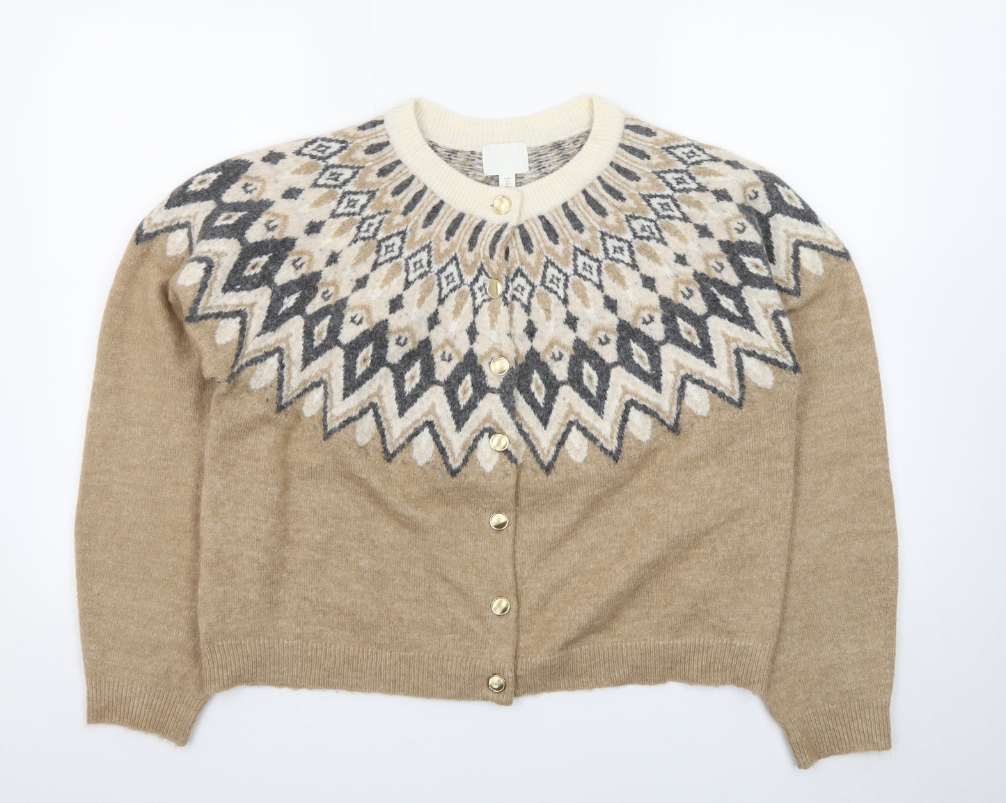 H&M Women Beige Geometric Knit Cardigan L Winter Wool Blend