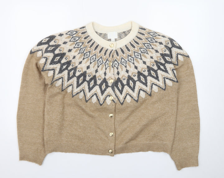 H&M Women Beige Geometric Knit Cardigan L Winter Wool Blend