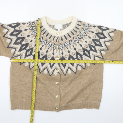 H&M Women Beige Geometric Knit Cardigan L Winter Wool Blend