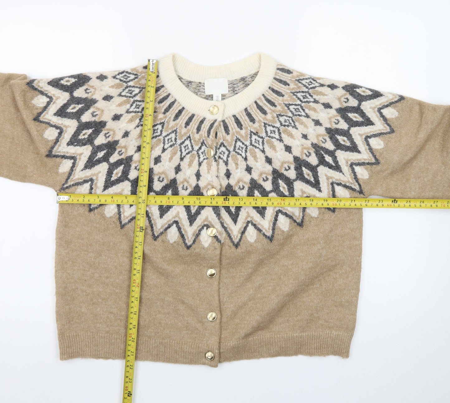 H&M Women Beige Geometric Knit Cardigan L Winter Wool Blend