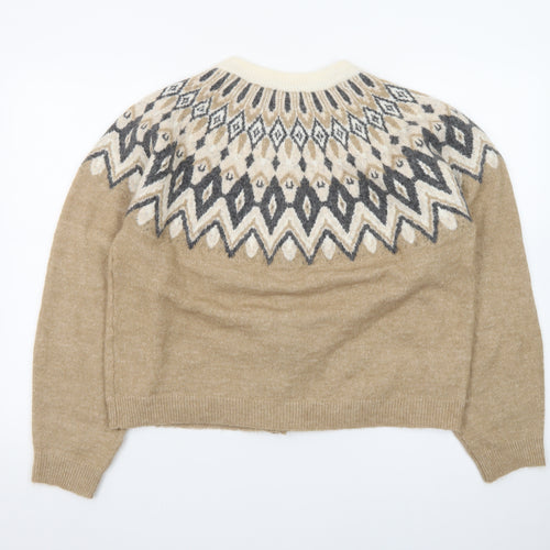 H&M Women Beige Geometric Knit Cardigan L Winter Wool Blend