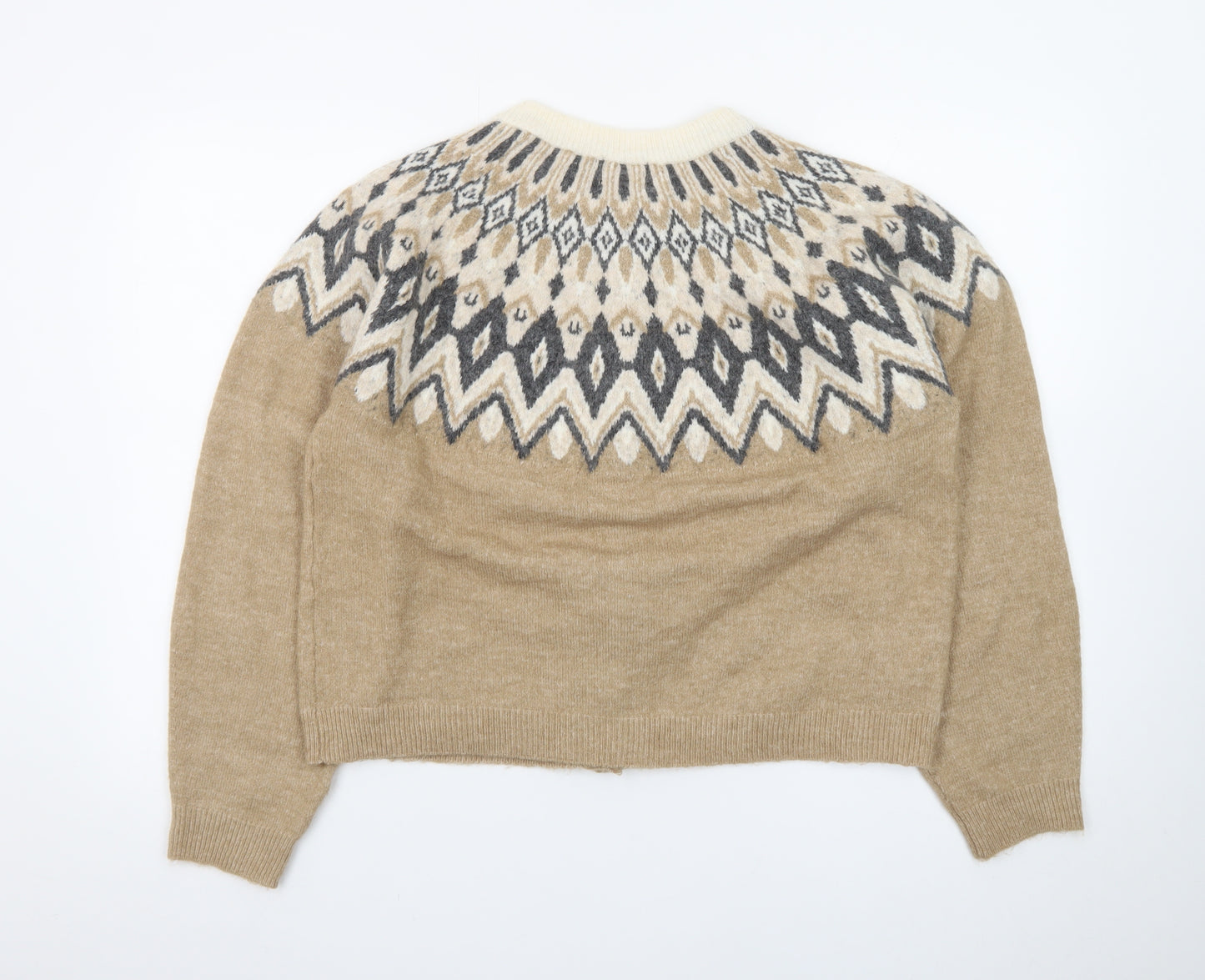 H&M Women Beige Geometric Knit Cardigan L Winter Wool Blend