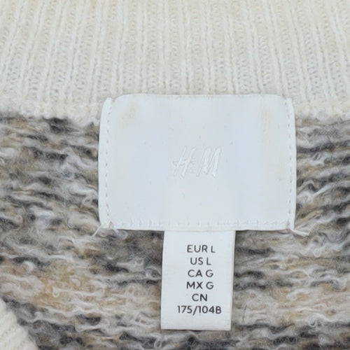 H&M Women Beige Geometric Knit Cardigan L Winter Wool Blend