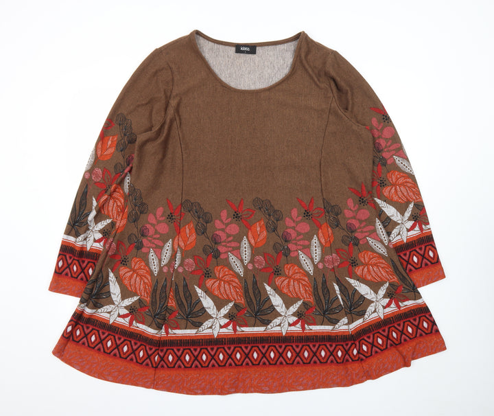 Klass Women Brown Floral A-Line Knit Dress L Long Sleeve Autumn