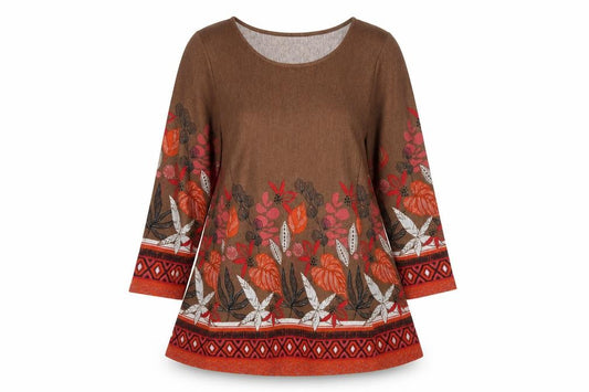 Front view of Klass Women Brown Floral A-Line Knit Dress L Long Sleeve Autumn