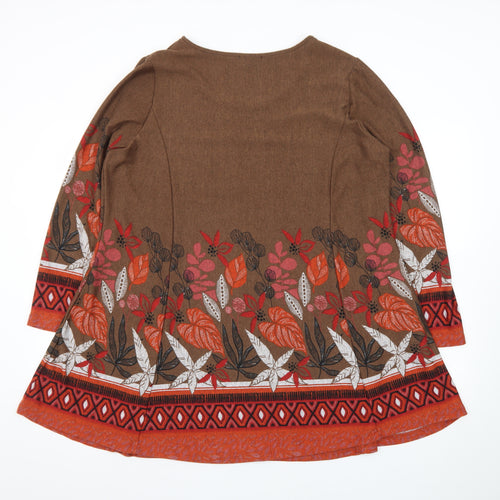 Klass Women Brown Floral A-Line Knit Dress L Long Sleeve Autumn