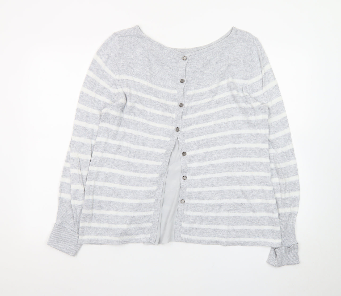 Mint Velvet Women's Grey Striped Crew Neck Button Cardigan Size 14