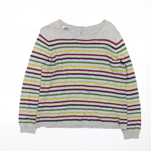 Laura Ashley Women Grey Striped Crew Neck Cotton Cashmere Cardigan Size 16