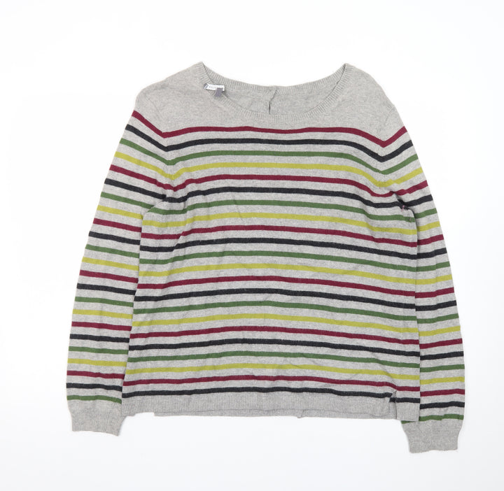 Laura Ashley Women Grey Striped Crew Neck Cotton Cashmere Cardigan Size 16