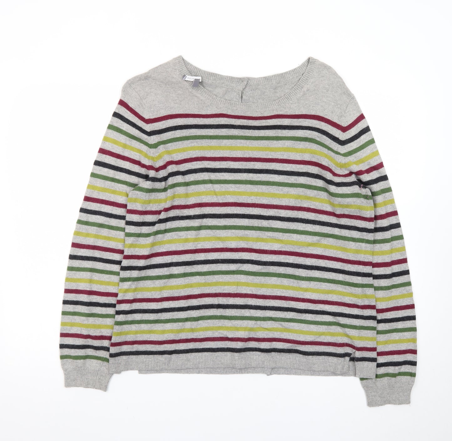 Laura Ashley Women Grey Striped Crew Neck Cotton Cashmere Cardigan Size 16