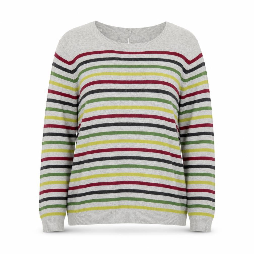 Laura Ashley Women Grey Striped Crew Neck Cotton Cashmere Cardigan Size 16