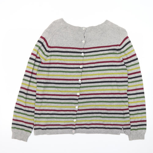 Laura Ashley Women Grey Striped Crew Neck Cotton Cashmere Cardigan Size 16