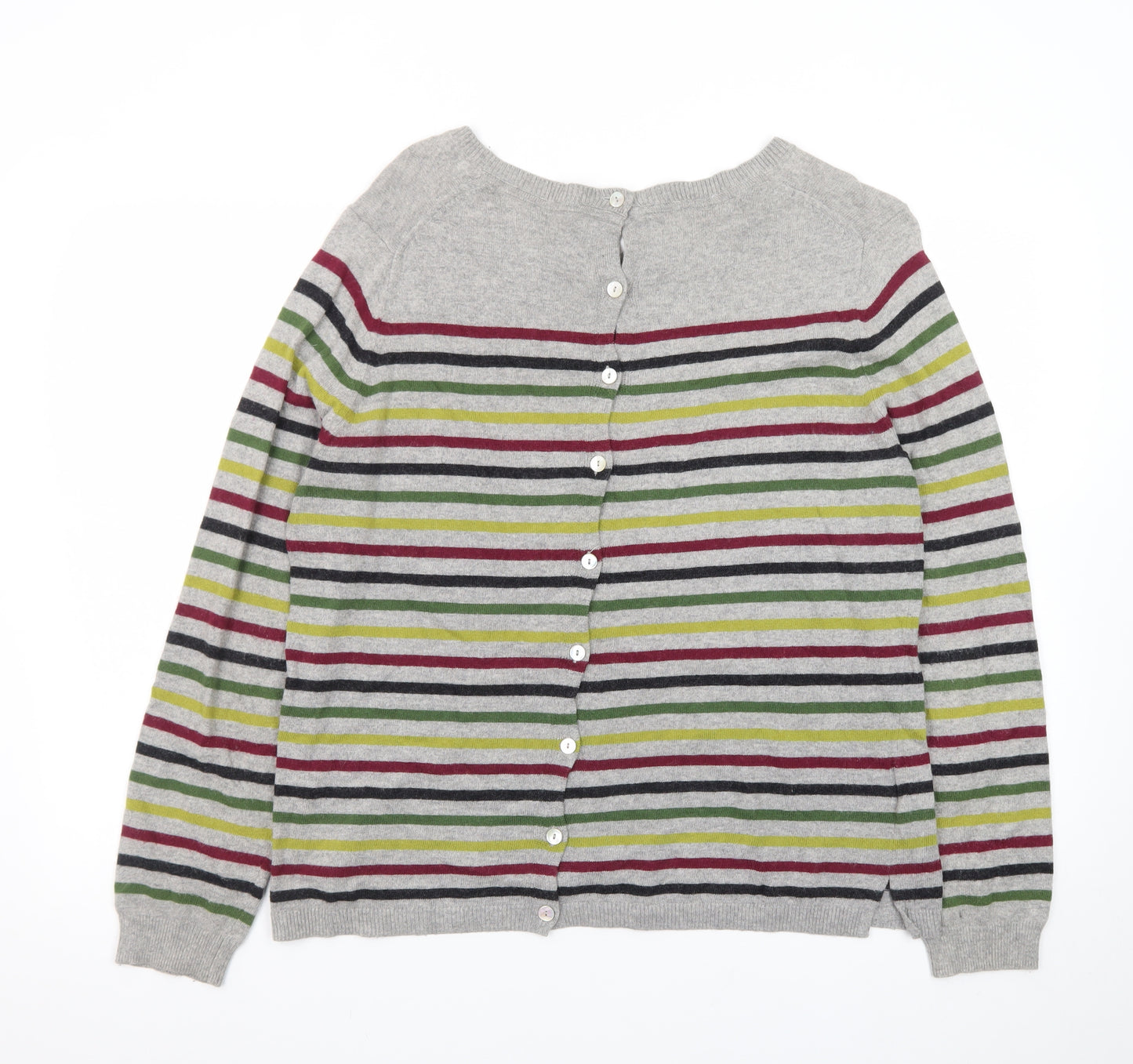 Laura Ashley Women Grey Striped Crew Neck Cotton Cashmere Cardigan Size 16