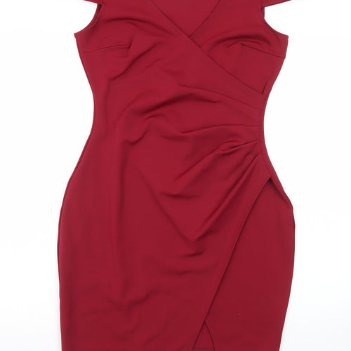 Boohoo Women Red Size 12 Bodycon Short Sleeve V-Neck Party Dress