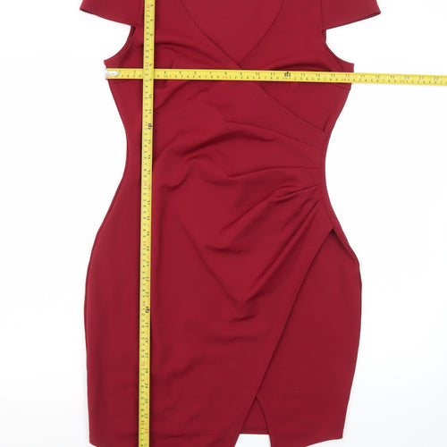 Boohoo Women Red Size 12 Bodycon Short Sleeve V-Neck Party Dress