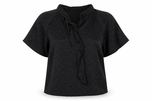 Front view of b.young Women’s Black Wrap Blouse, size UK 12, Short Sleeve Glitter