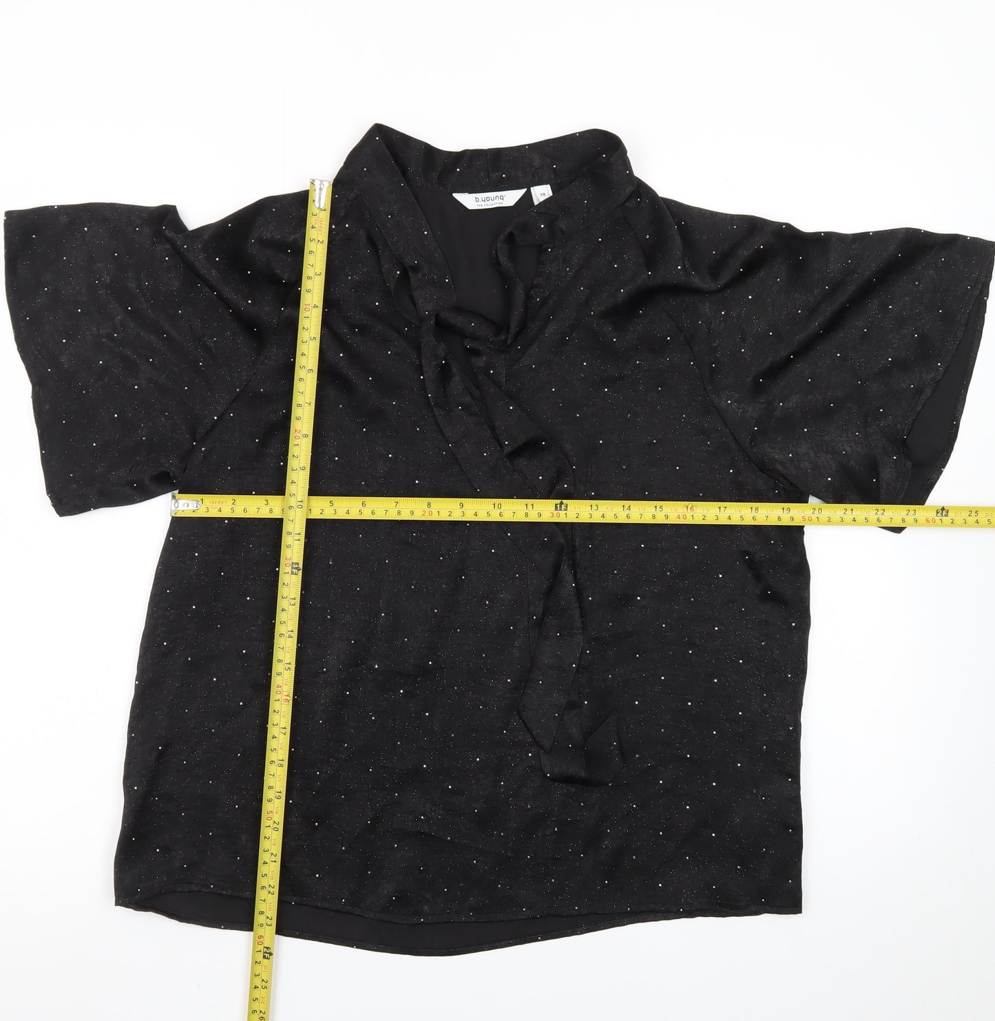 b.young Women’s Black Wrap Blouse Size 12 Short Sleeve Glitter