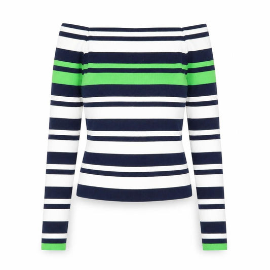 Front view of Topshop Women Navy Stripe Boat Neck Jumper, size 10